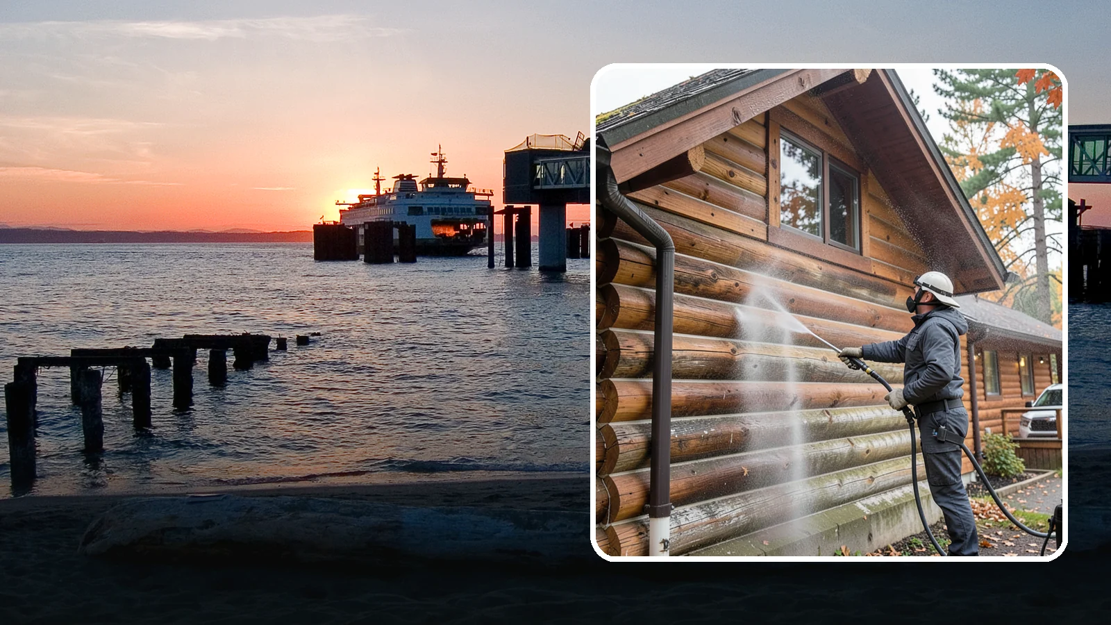 Log Home Washing in Edmonds, Snohomish County, WA - Log home washing clears mildew, pollen, and gray weathering from logs while protecting the checking and joints unique to log...