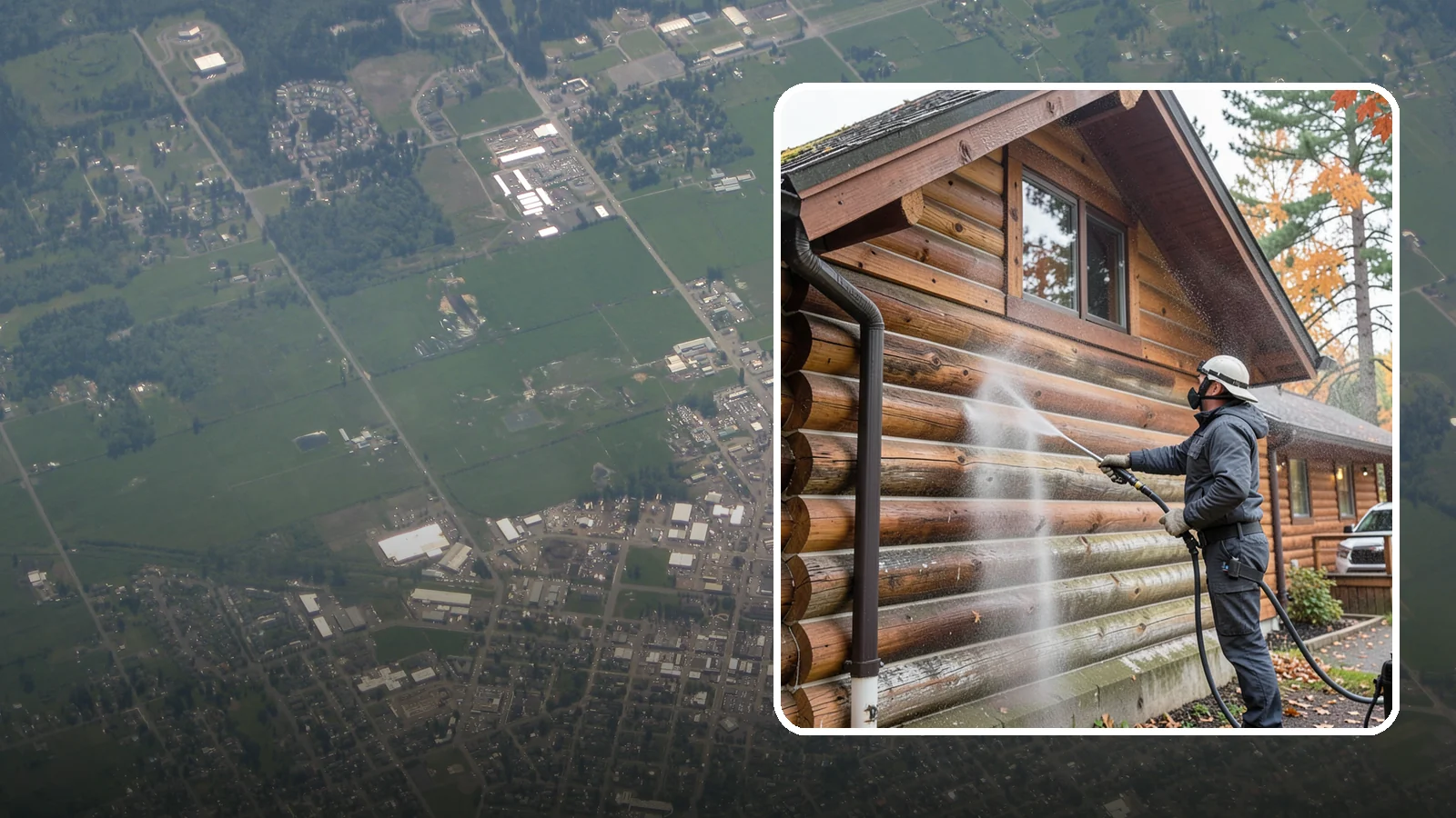 Log Home Washing in Enumclaw, King County, WA - Log home washing clears mildew, pollen, and gray weathering from logs while protecting the checking and joints unique to log...