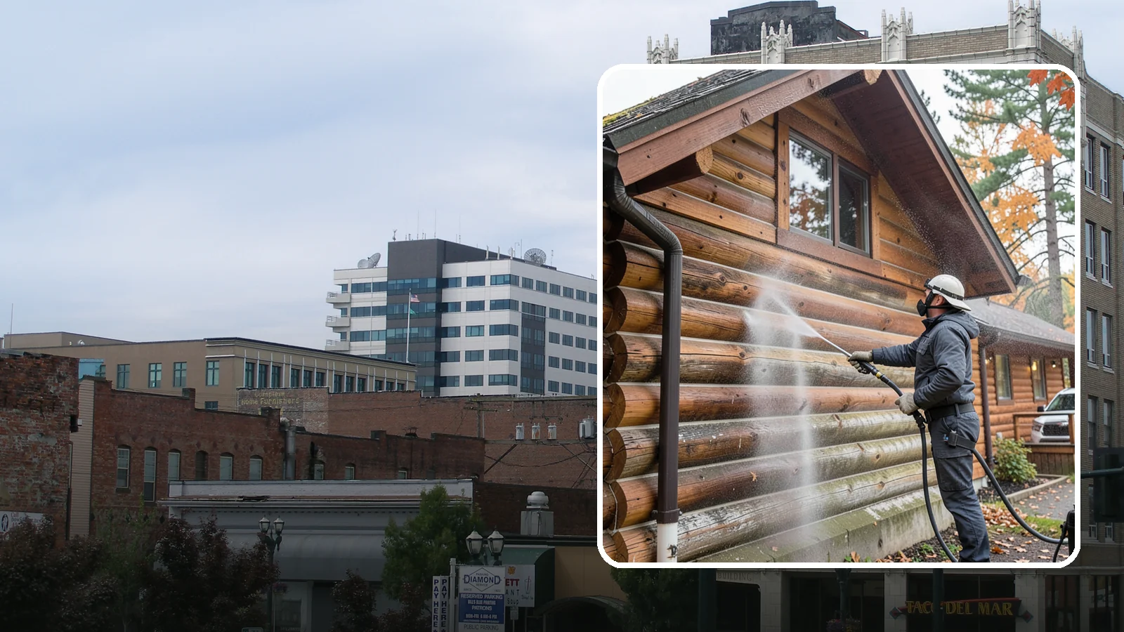 Log Home Washing in Everett, Snohomish County, WA - Log home washing clears mildew, pollen, and gray weathering from logs while protecting the checking and joints unique to log...