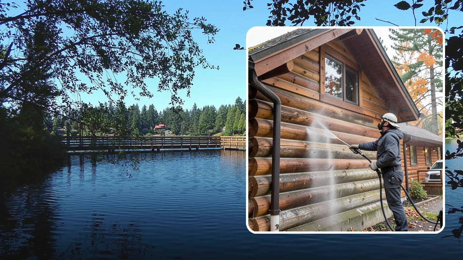 Log Home Washing in Federal Way, King County, WA - Log home washing clears mildew, pollen, and gray weathering from logs while protecting the checking and joints unique to log...
