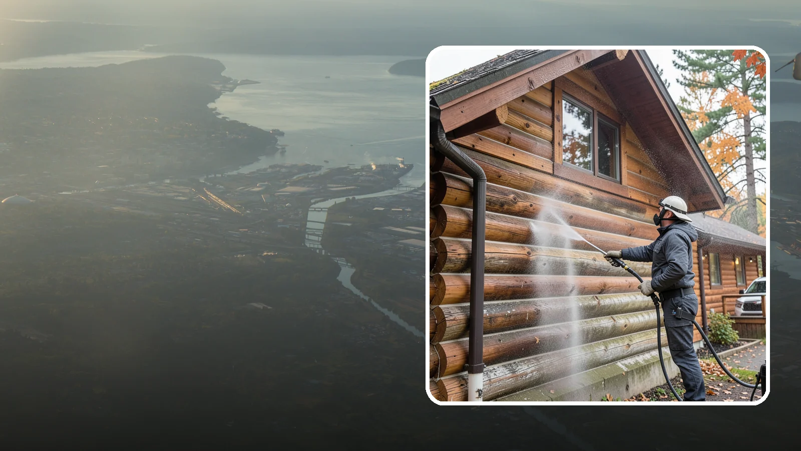 Log Home Washing in Fife, Pierce County, WA - Log home washing clears mildew, pollen, and gray weathering from logs while protecting the checking and joints unique to log...