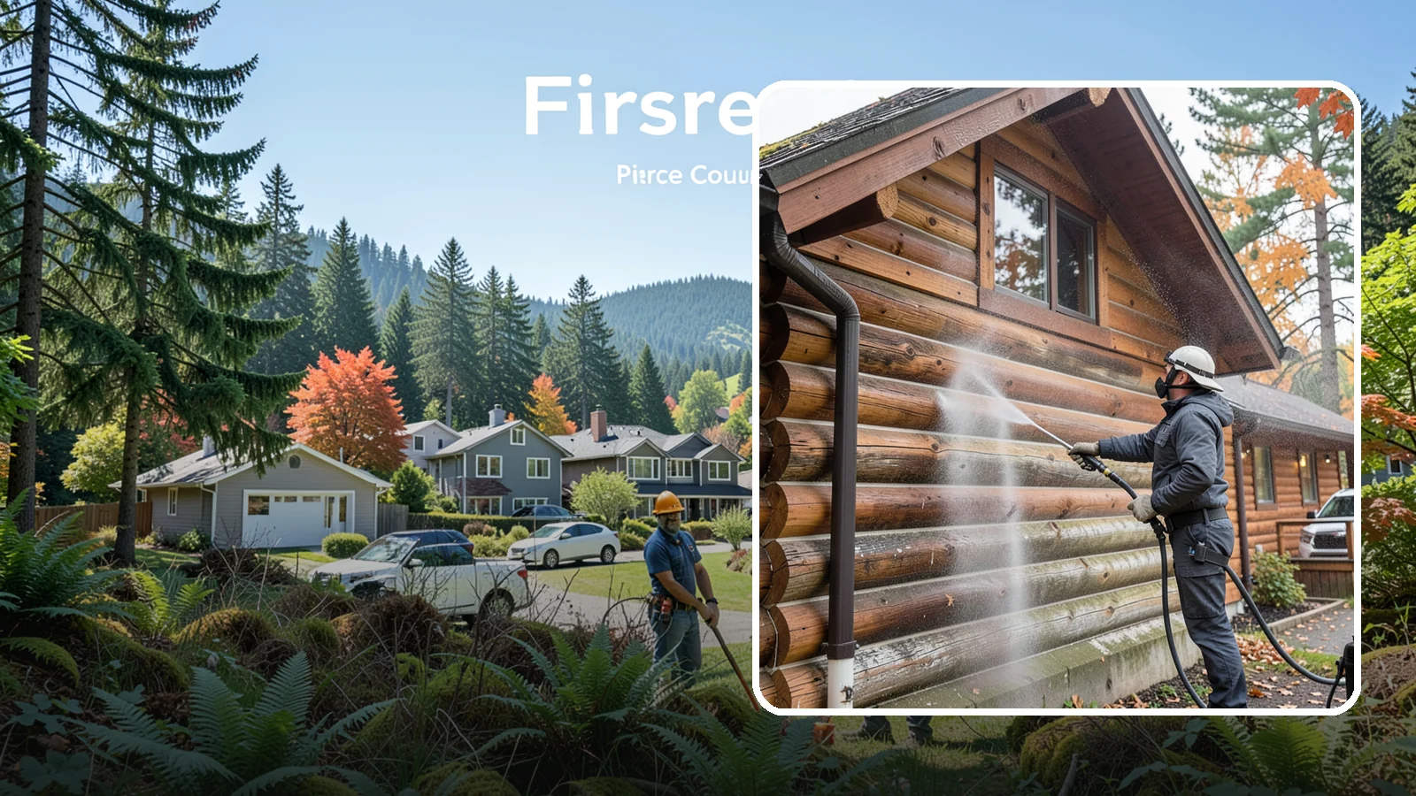 Log Home Washing in Fircrest, Pierce County, WA - Log home washing clears mildew, pollen, and gray weathering from logs while protecting the checking and joints unique to log...