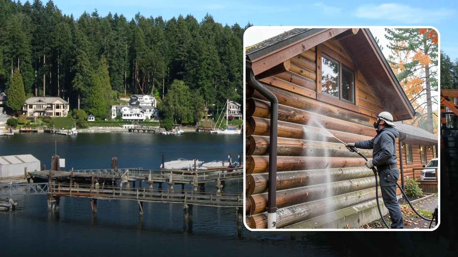 Log Home Washing in Gig Harbor, Pierce County, WA - Log home washing clears mildew, pollen, and gray weathering from logs while protecting the checking and joints unique to log...