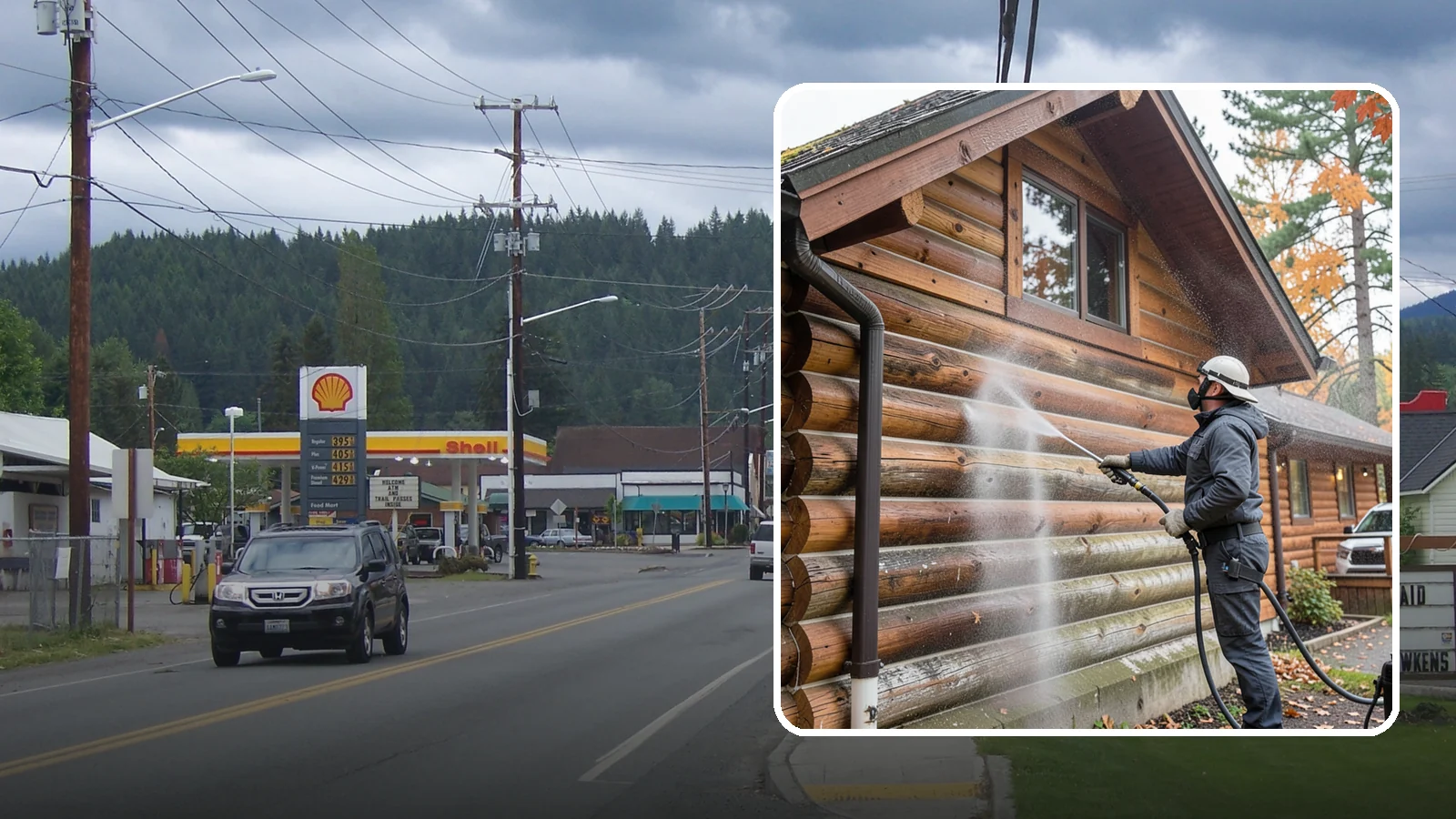 Log Home Washing in Granite Falls, Snohomish County, WA - Log home washing clears mildew, pollen, and gray weathering from logs while protecting the checking and joints unique to log...