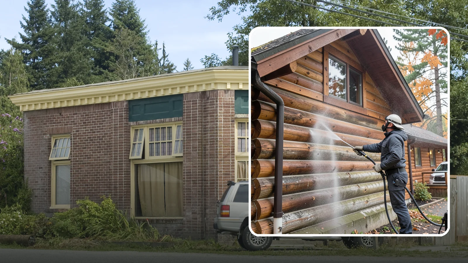 Log Home Washing in Hamilton, Skagit County, WA - Log home washing clears mildew, pollen, and gray weathering from logs while protecting the checking and joints unique to log...