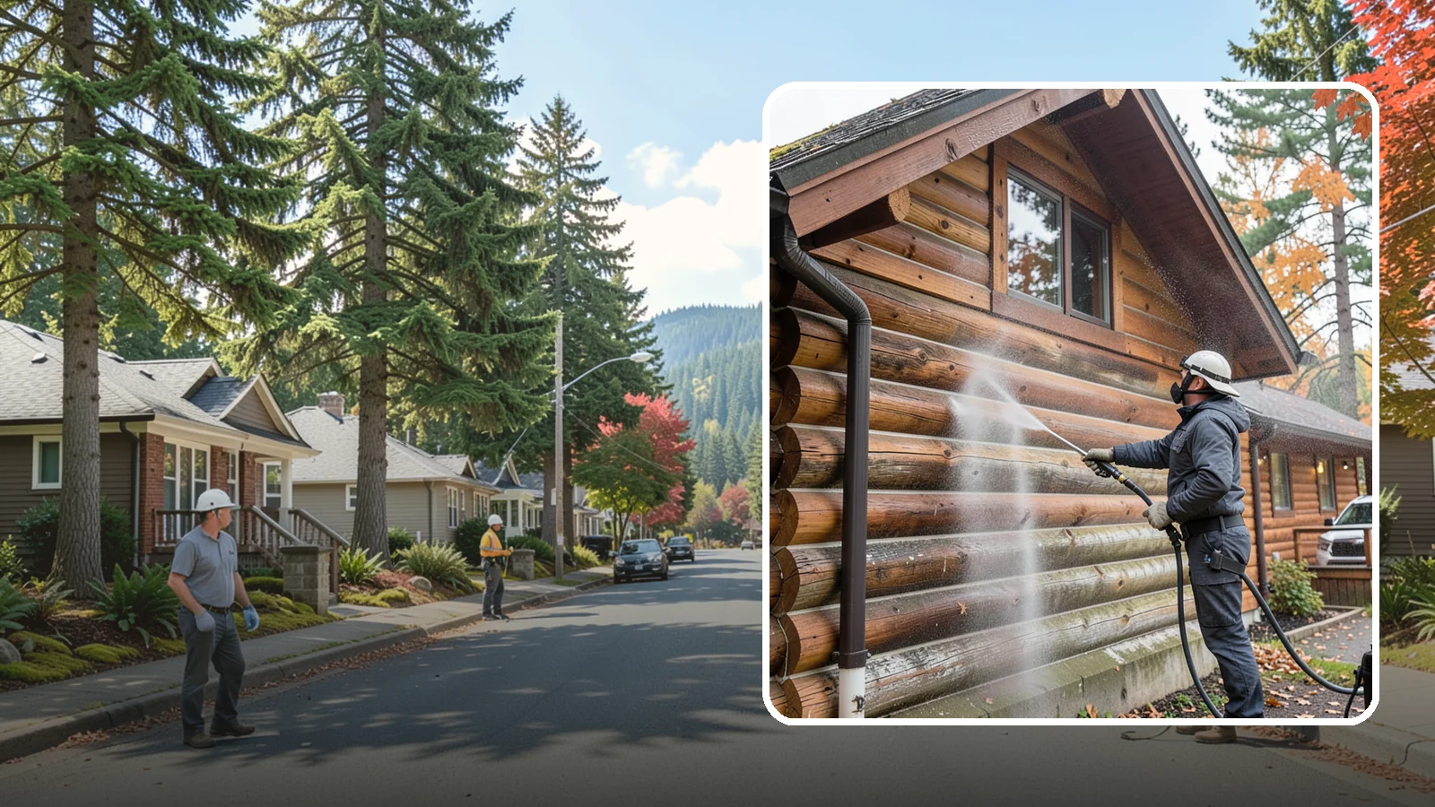 Log Home Washing in Hunts Point, King County, WA - Log home washing clears mildew, pollen, and gray weathering from logs while protecting the checking and joints unique to log...