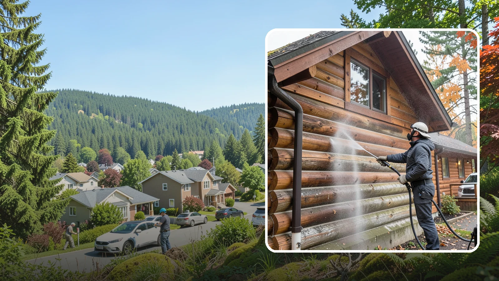 Log Home Washing in Index, Snohomish County, WA - Log home washing clears mildew, pollen, and gray weathering from logs while protecting the checking and joints unique to log...