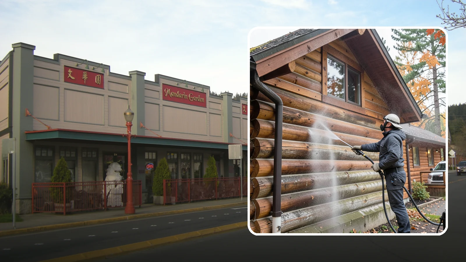 Log Home Washing in Issaquah, King County, WA - Log home washing clears mildew, pollen, and gray weathering from logs while protecting the checking and joints unique to log...