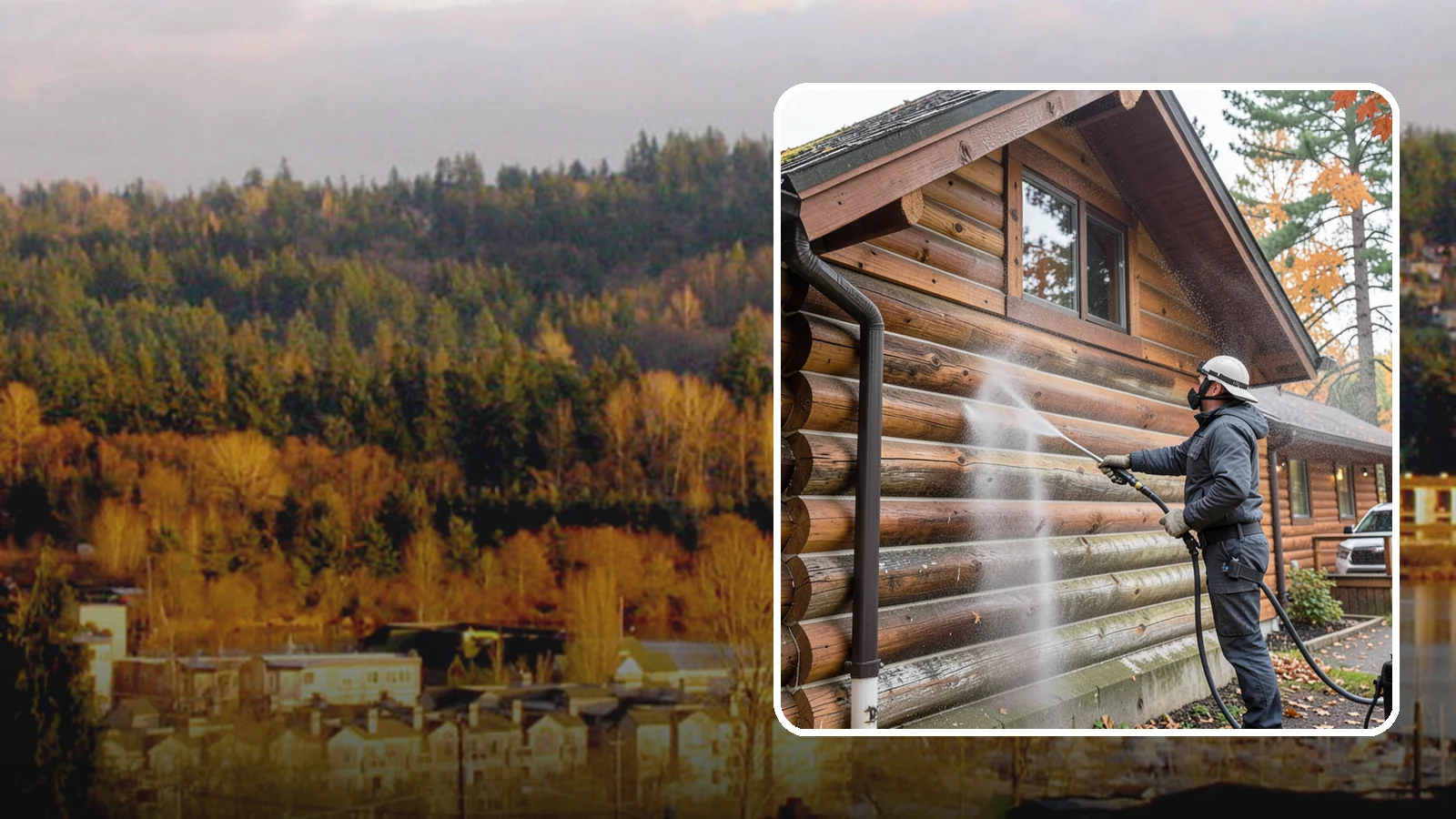 Log Home Washing in Kenmore, King County, WA - Log home washing clears mildew, pollen, and gray weathering from logs while protecting the checking and joints unique to log...