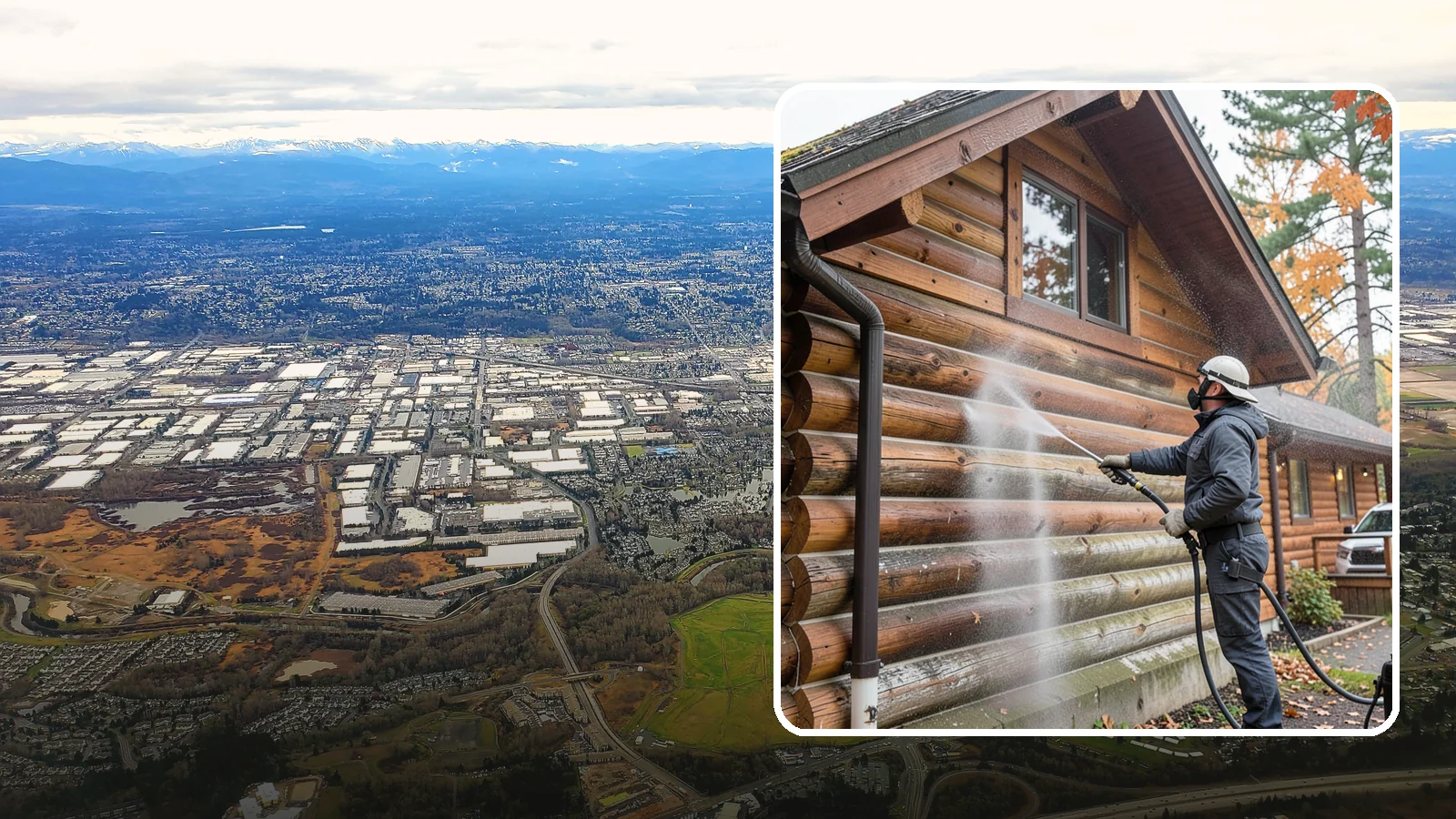 Log Home Washing in Kent, King County, WA - Log home washing clears mildew, pollen, and gray weathering from logs while protecting the checking and joints unique to log...
