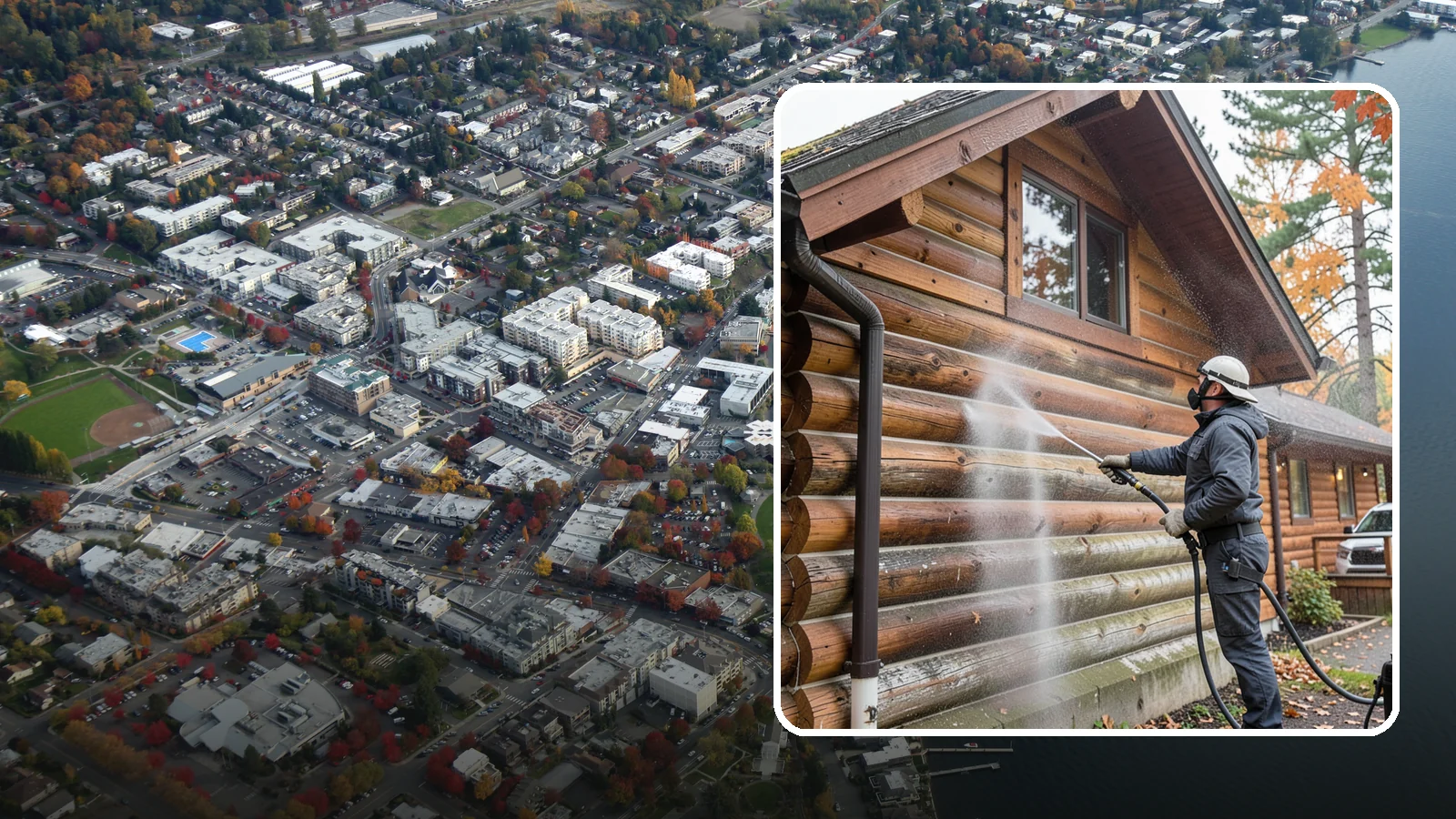 Log Home Washing in Kirkland, King County, WA - Log home washing clears mildew, pollen, and gray weathering from logs while protecting the checking and joints unique to log...