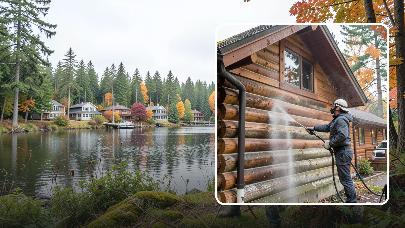 Log Home Washing in La Conner, Skagit County, WA - Log home washing clears mildew, pollen, and gray weathering from logs while protecting the checking and joints unique to log...