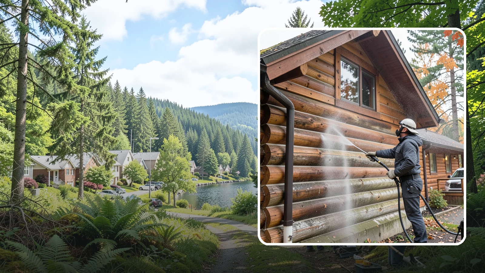 Log Home Washing in Lake Forest Park, King County, WA - Log home washing clears mildew, pollen, and gray weathering from logs while protecting the checking and joints unique to log...