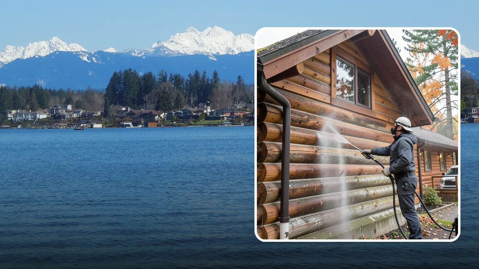 Log Home Washing in Lake Stevens, Snohomish County, WA - Log home washing clears mildew, pollen, and gray weathering from logs while protecting the checking and joints unique to log...