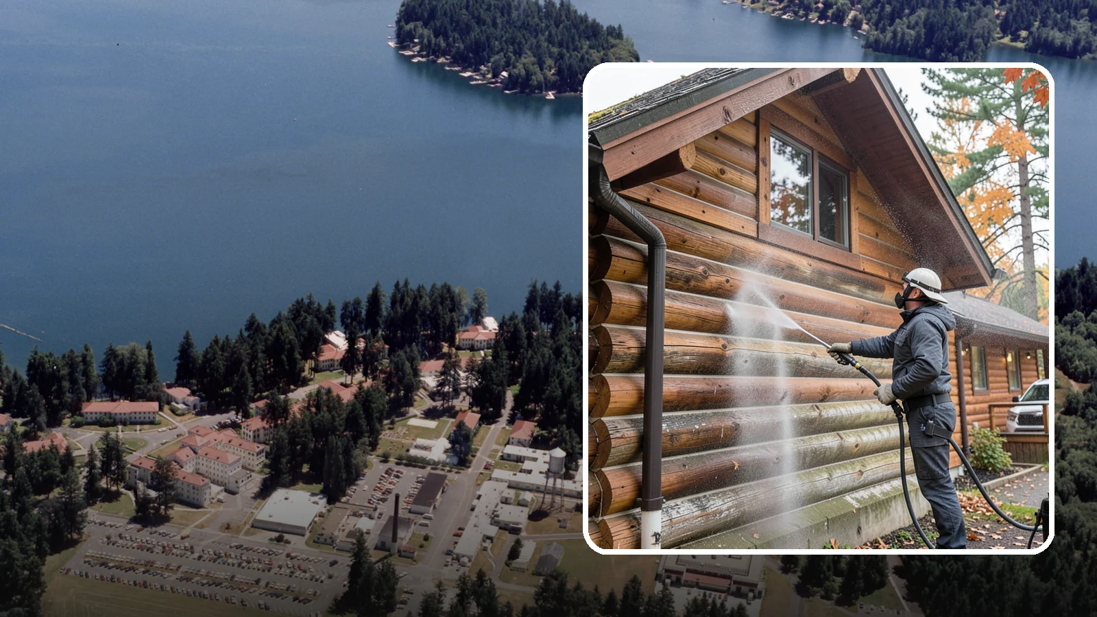 Log Home Washing in Lakewood, Pierce County, WA - Log home washing clears mildew, pollen, and gray weathering from logs while protecting the checking and joints unique to log...