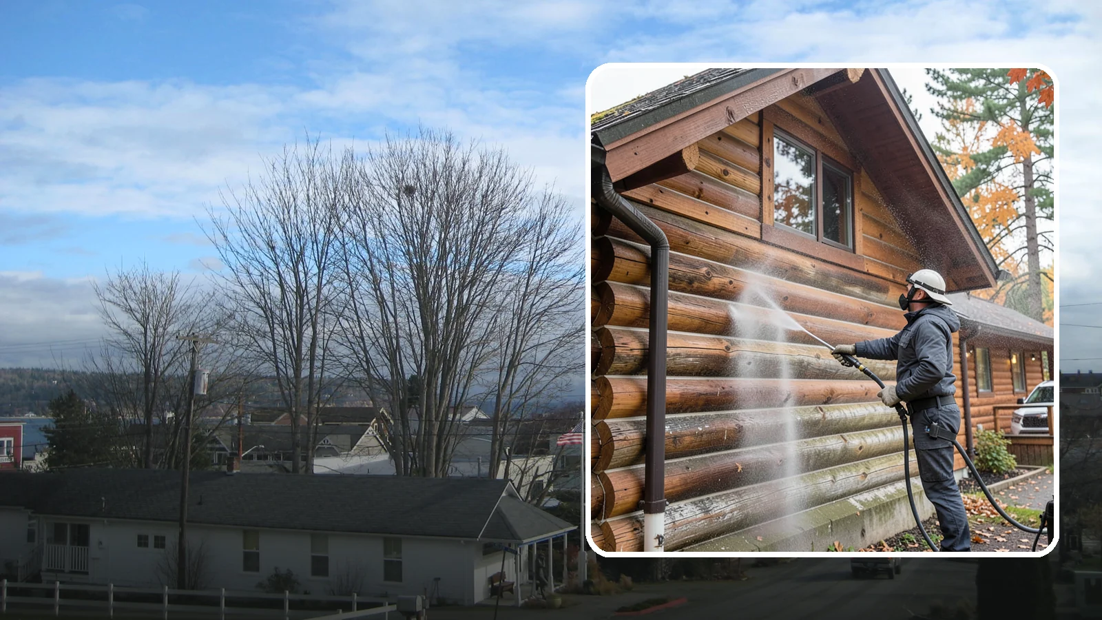 Log Home Washing in Langley, Island County, WA - Log home washing clears mildew, pollen, and gray weathering from logs while protecting the checking and joints unique to log...