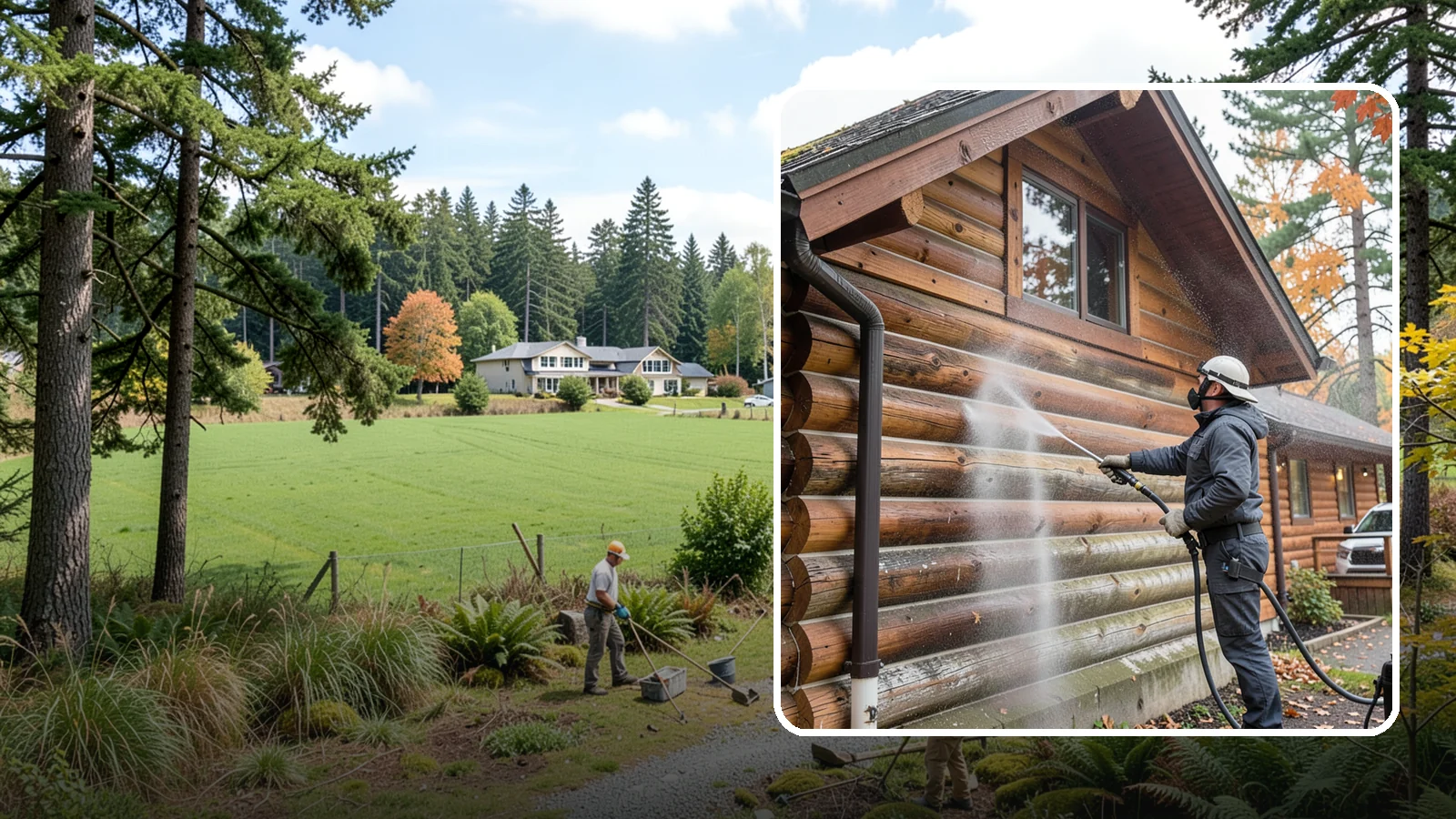 Log Home Washing in Lyman, Skagit County, WA - Log home washing clears mildew, pollen, and gray weathering from logs while protecting the checking and joints unique to log...