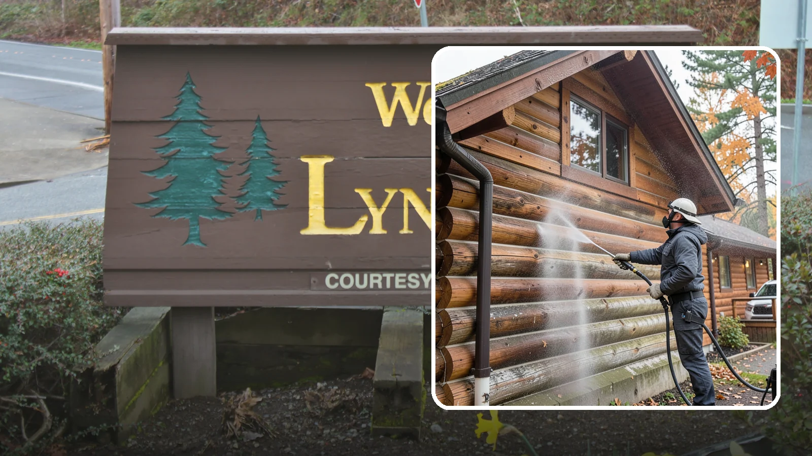 Log Home Washing in Lynnwood, Snohomish County, WA - Log home washing clears mildew, pollen, and gray weathering from logs while protecting the checking and joints unique to log...