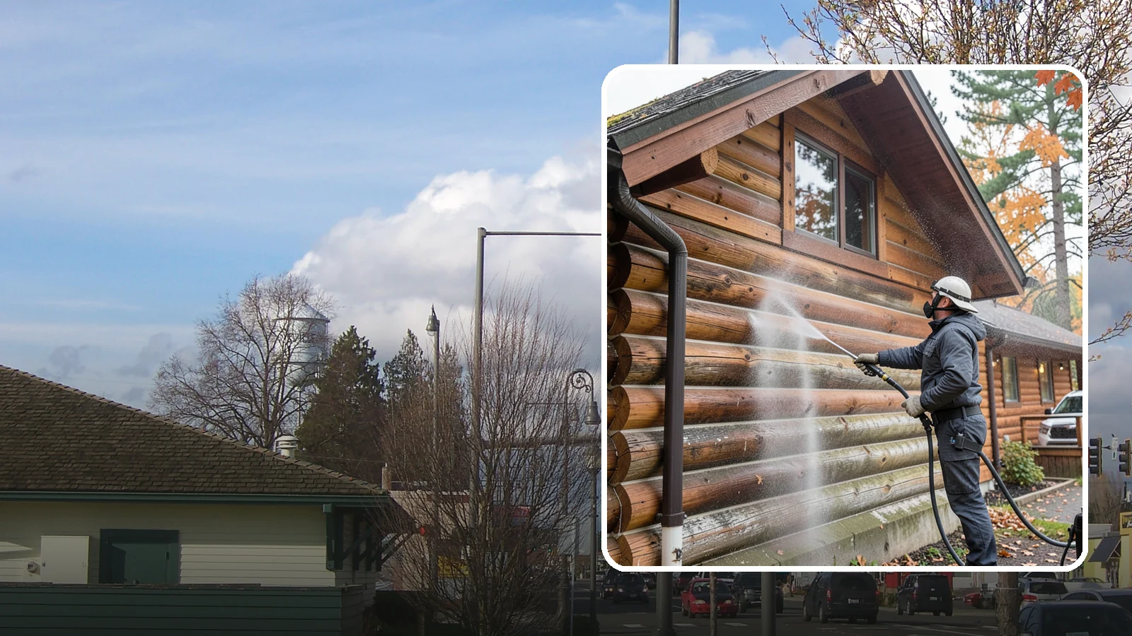 Log Home Washing in Marysville, Snohomish County, WA - Log home washing clears mildew, pollen, and gray weathering from logs while protecting the checking and joints unique to log...