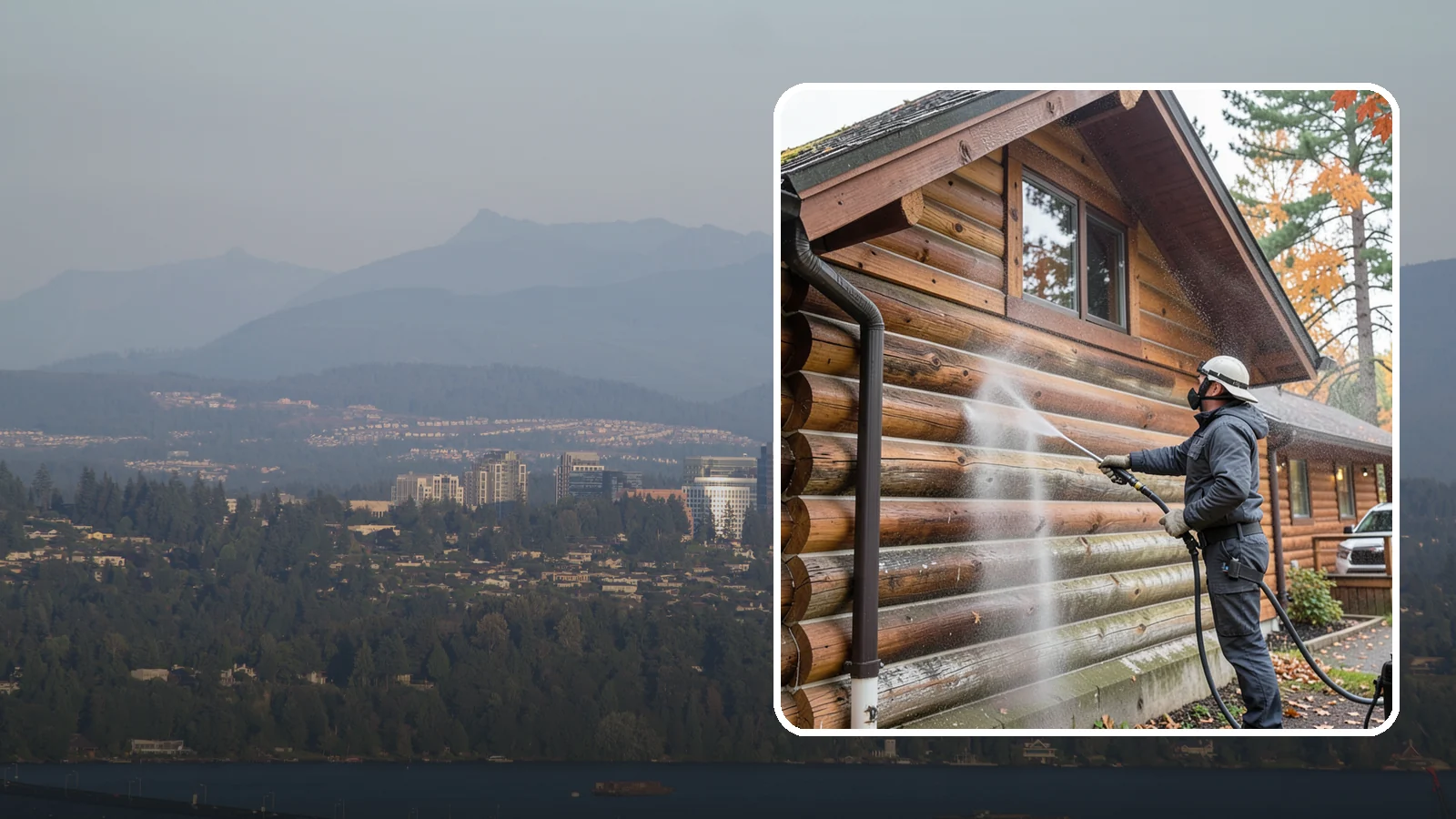 Log Home Washing in Medina, King County, WA - Log home washing clears mildew, pollen, and gray weathering from logs while protecting the checking and joints unique to log...