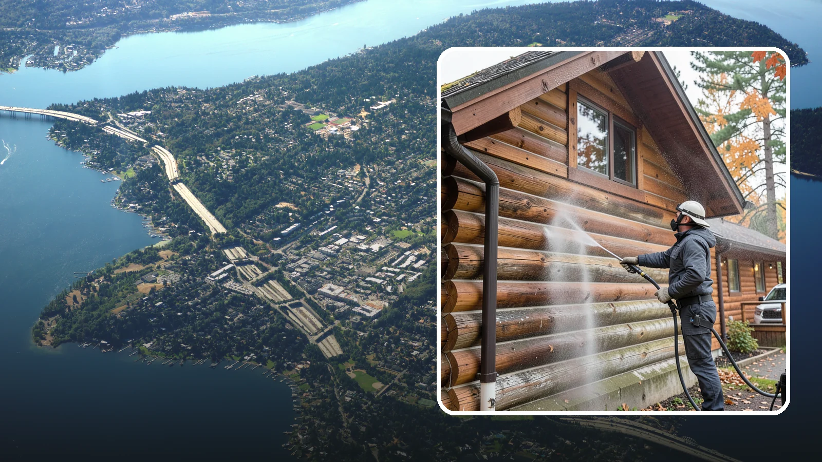 Log Home Washing in Mercer Island, King County, WA - Log home washing clears mildew, pollen, and gray weathering from logs while protecting the checking and joints unique to log...