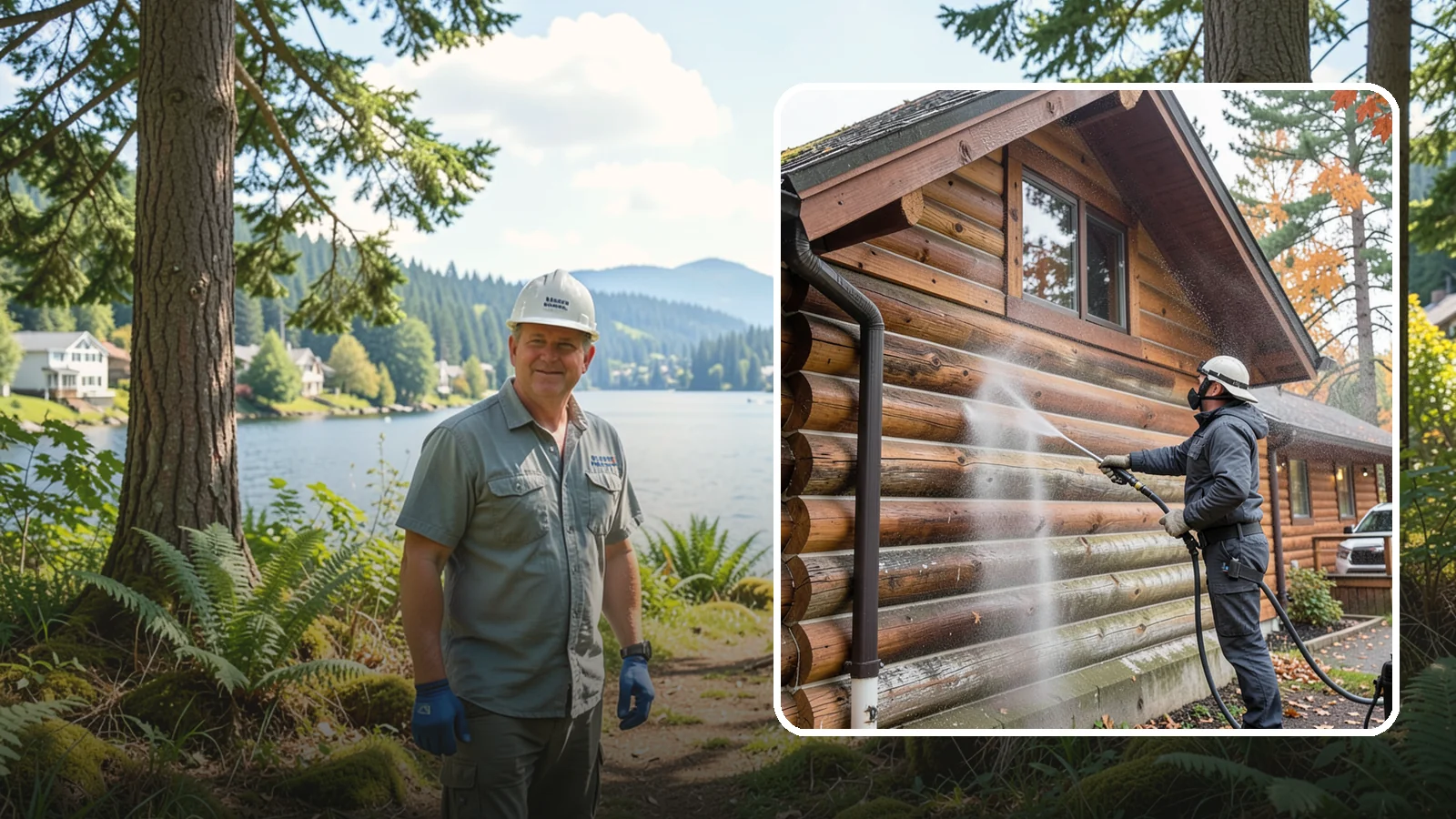 Log Home Washing in Milton, King County, WA - Log home washing clears mildew, pollen, and gray weathering from logs while protecting the checking and joints unique to log...