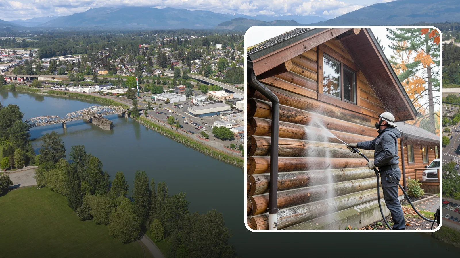 Log Home Washing in Mount Vernon, Skagit County, WA - Log home washing clears mildew, pollen, and gray weathering from logs while protecting the checking and joints unique to log...