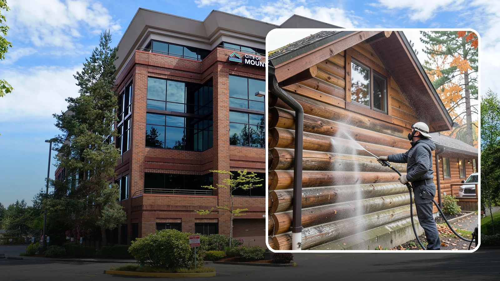 Log Home Washing in Mountlake Terrace, Snohomish County, WA - Log home washing clears mildew, pollen, and gray weathering from logs while protecting the checking and joints unique to log...