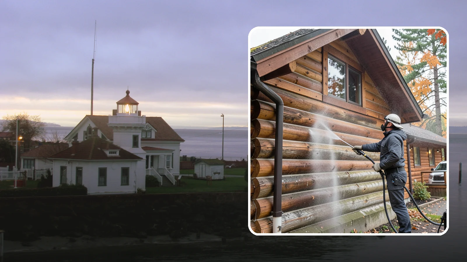 Log Home Washing in Mukilteo, Snohomish County, WA - Log home washing clears mildew, pollen, and gray weathering from logs while protecting the checking and joints unique to log...