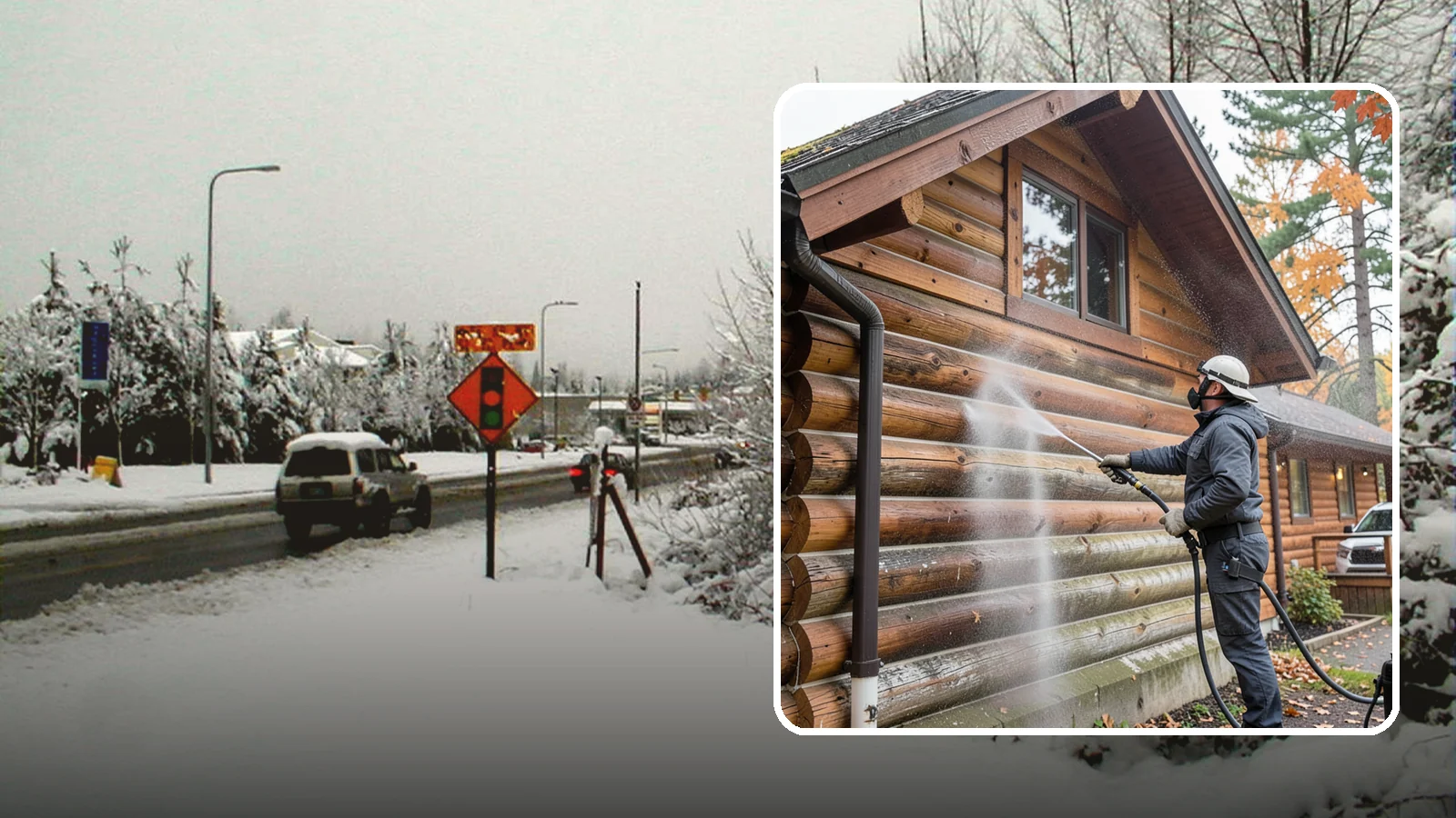 Log Home Washing in Newcastle, King County, WA - Log home washing clears mildew, pollen, and gray weathering from logs while protecting the checking and joints unique to log...