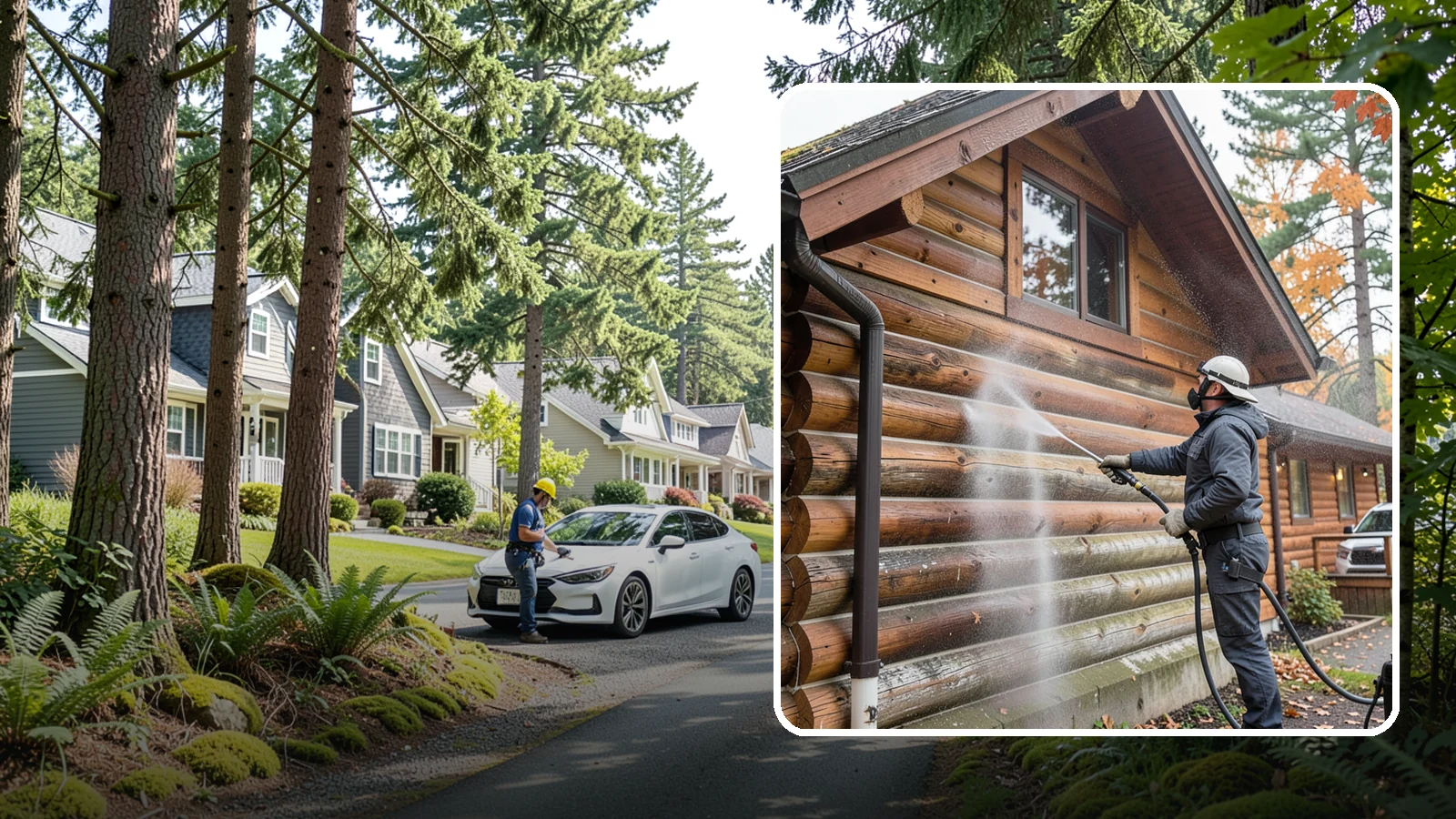 Log Home Washing in Normandy Park, King County, WA - Log home washing clears mildew, pollen, and gray weathering from logs while protecting the checking and joints unique to log...