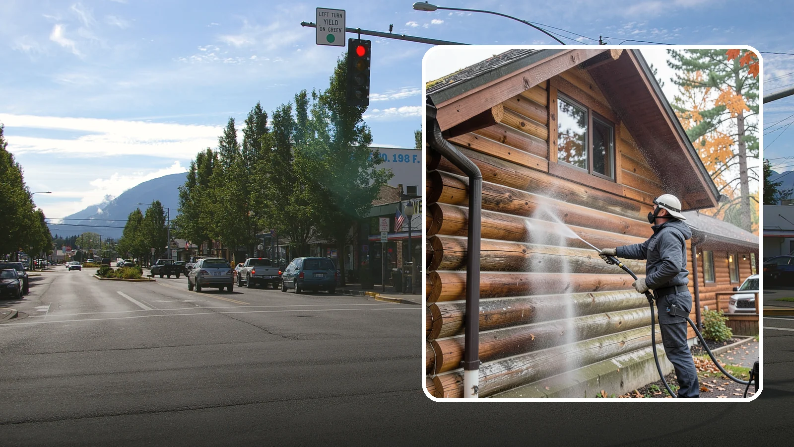 Log Home Washing in North Bend, King County, WA - Log home washing clears mildew, pollen, and gray weathering from logs while protecting the checking and joints unique to log...