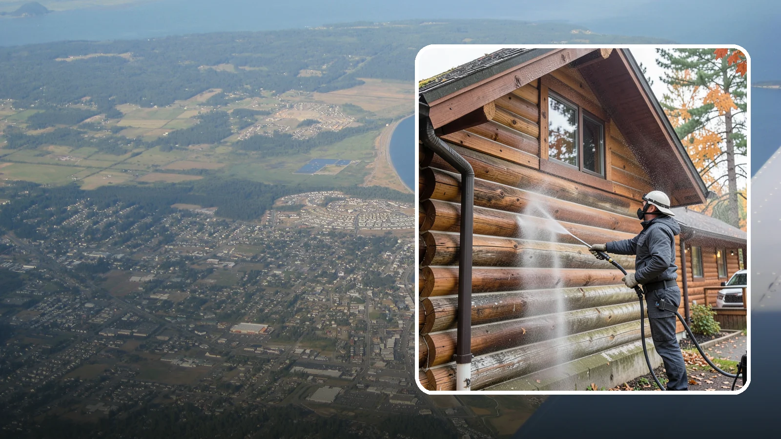 Log Home Washing in Oak Harbor, Island County, WA - Log home washing clears mildew, pollen, and gray weathering from logs while protecting the checking and joints unique to log...