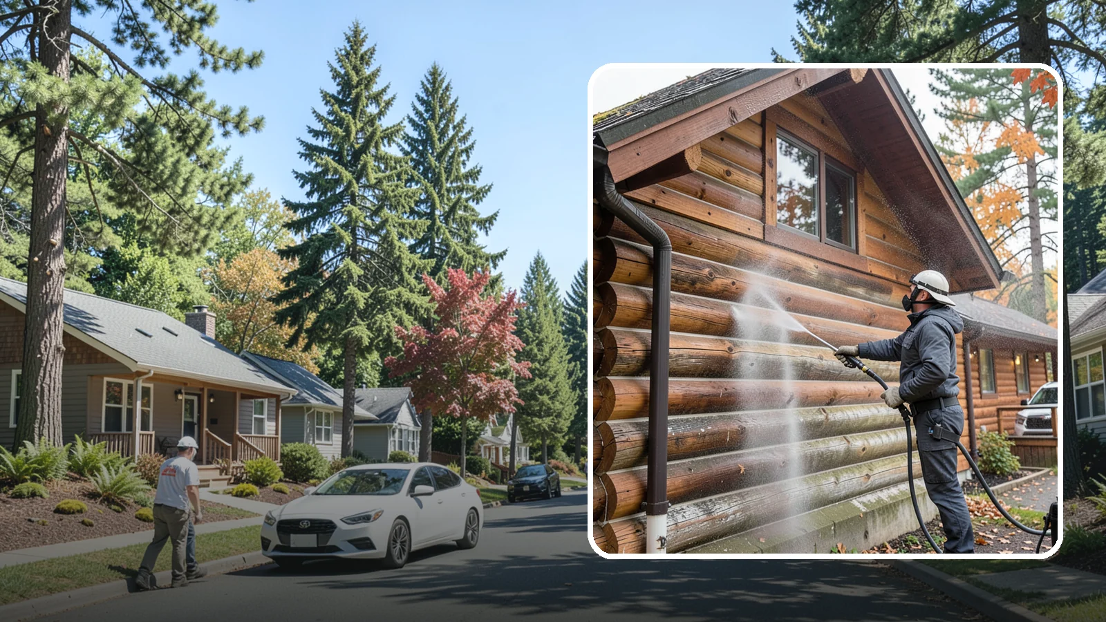 Log Home Washing in Orting, Pierce County, WA - Log home washing clears mildew, pollen, and gray weathering from logs while protecting the checking and joints unique to log...