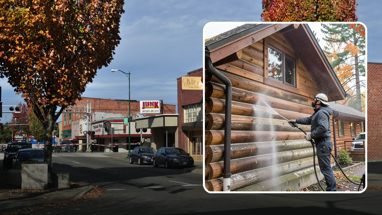 Log Home Washing in Puyallup, Pierce County, WA - Log home washing clears mildew, pollen, and gray weathering from logs while protecting the checking and joints unique to log...