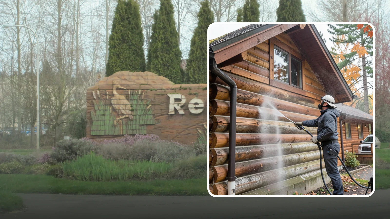 Log Home Washing in Renton, King County, WA - Log home washing clears mildew, pollen, and gray weathering from logs while protecting the checking and joints unique to log...