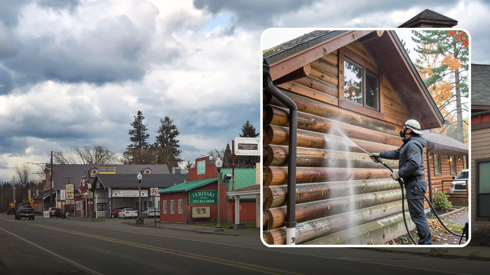 Log Home Washing in Roy, Pierce County, WA - Log home washing clears mildew, pollen, and gray weathering from logs while protecting the checking and joints unique to log...