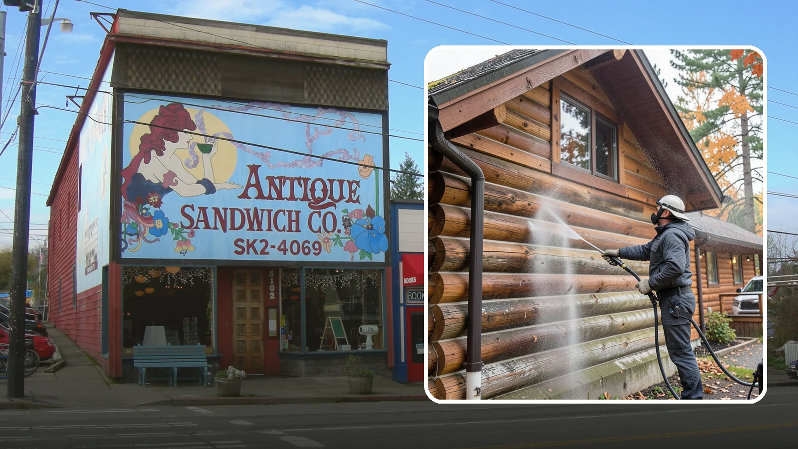 Log Home Washing in Ruston, Pierce County, WA - Log home washing clears mildew, pollen, and gray weathering from logs while protecting the checking and joints unique to log...