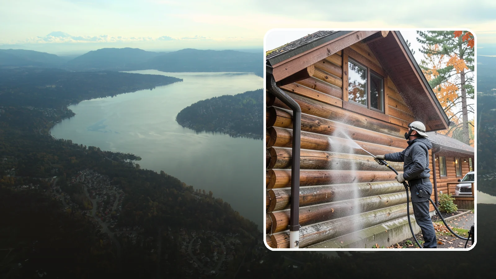 Log Home Washing in Sammamish, King County, WA - Log home washing clears mildew, pollen, and gray weathering from logs while protecting the checking and joints unique to log...