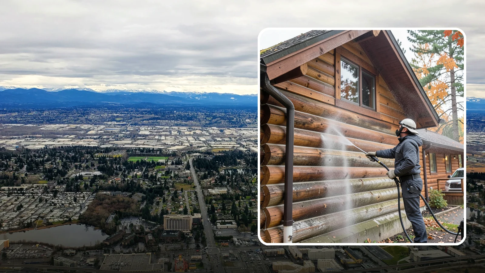 Log Home Washing in SeaTac, King County, WA - Log home washing clears mildew, pollen, and gray weathering from logs while protecting the checking and joints unique to log...