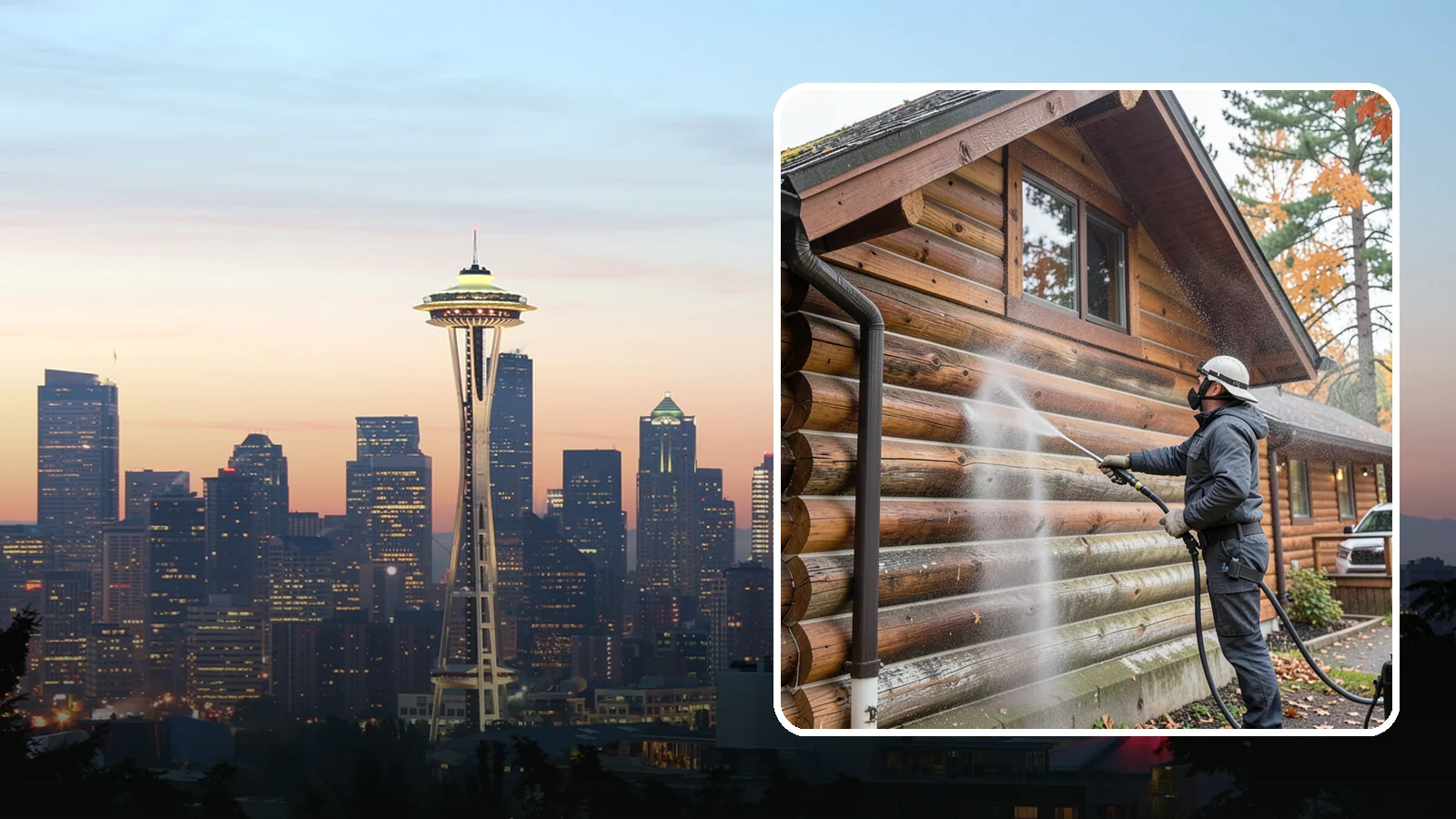 Log Home Washing in Seattle, King County, WA - Log home washing clears mildew, pollen, and gray weathering from logs while protecting the checking and joints unique to log...
