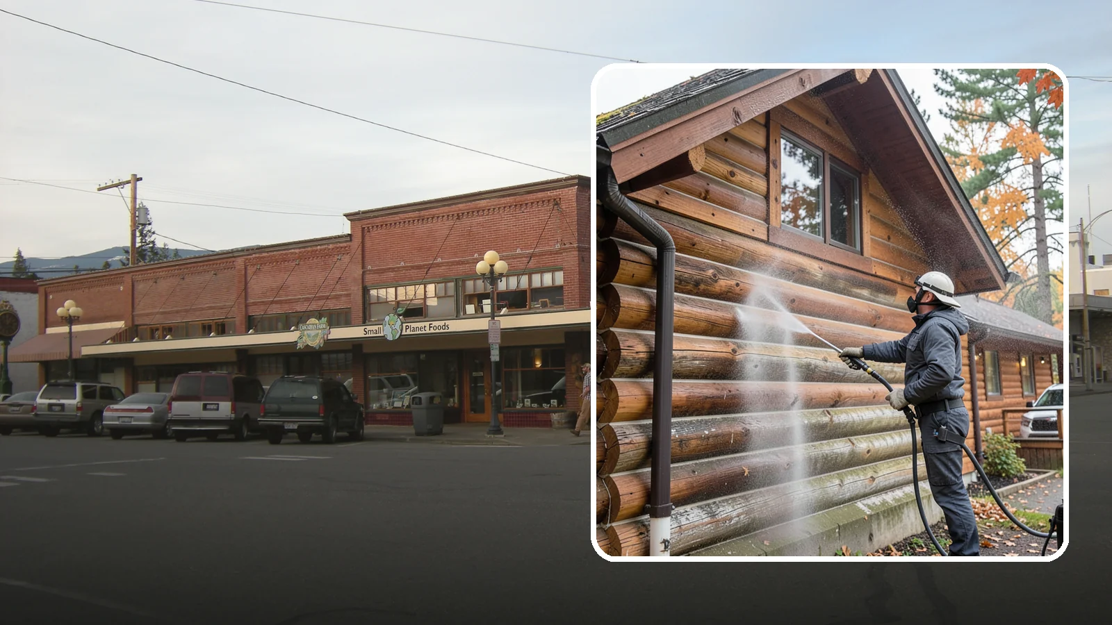 Log Home Washing in Sedro-Woolley, Skagit County, WA - Log home washing clears mildew, pollen, and gray weathering from logs while protecting the checking and joints unique to log...