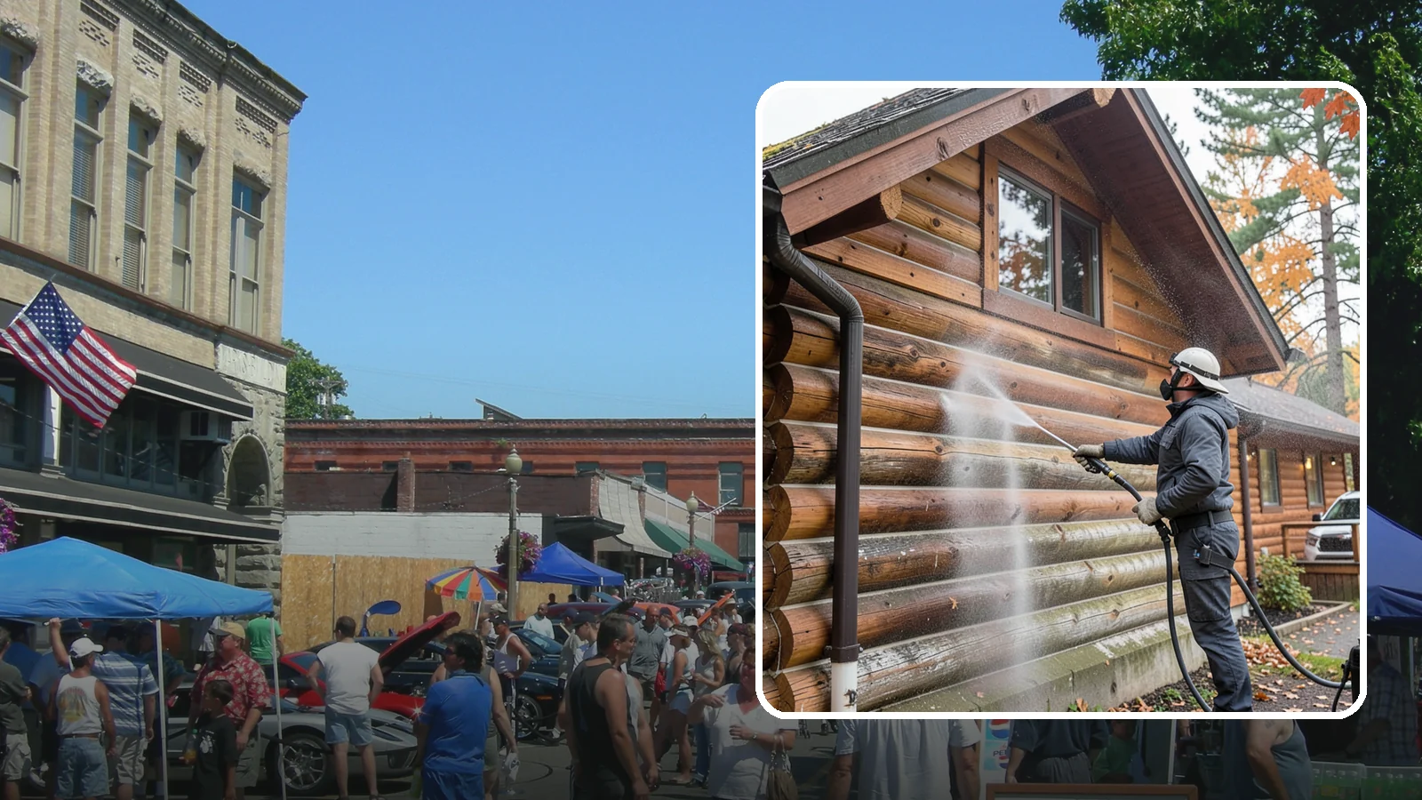 Log Home Washing in Snohomish, Snohomish County, WA - Log home washing clears mildew, pollen, and gray weathering from logs while protecting the checking and joints unique to log...