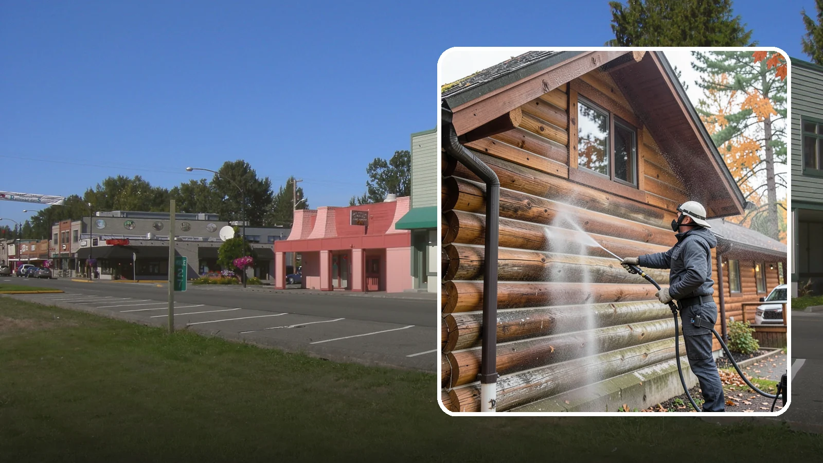 Log Home Washing in Snoqualmie, King County, WA - Log home washing clears mildew, pollen, and gray weathering from logs while protecting the checking and joints unique to log...