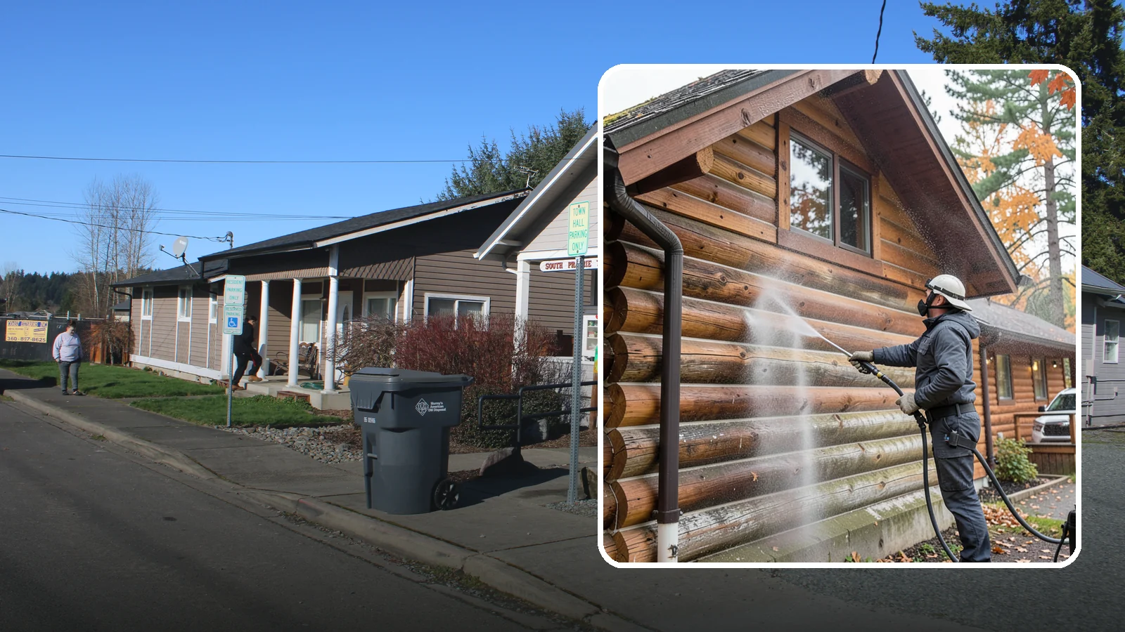 Log Home Washing in South Prairie, Pierce County, WA - Log home washing clears mildew, pollen, and gray weathering from logs while protecting the checking and joints unique to log...
