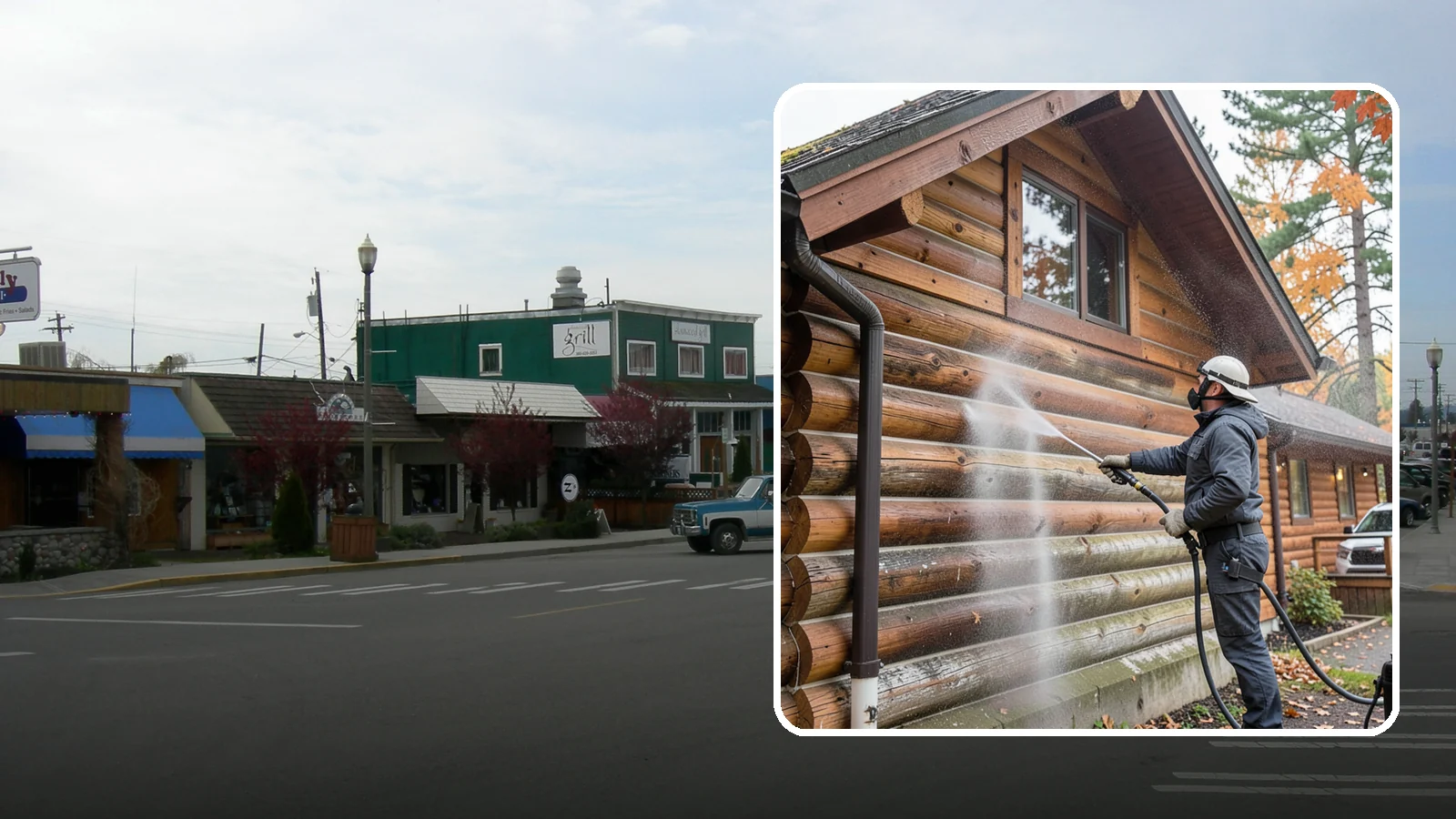Log Home Washing in Stanwood, Snohomish County, WA - Log home washing clears mildew, pollen, and gray weathering from logs while protecting the checking and joints unique to log...