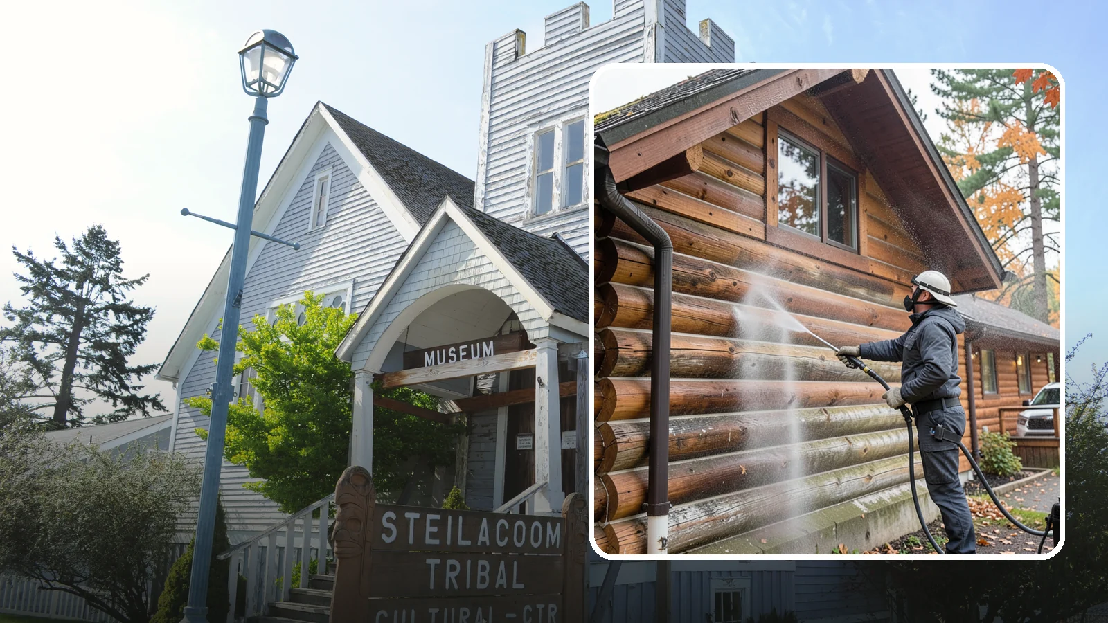 Log Home Washing in Steilacoom, Pierce County, WA - Log home washing clears mildew, pollen, and gray weathering from logs while protecting the checking and joints unique to log...