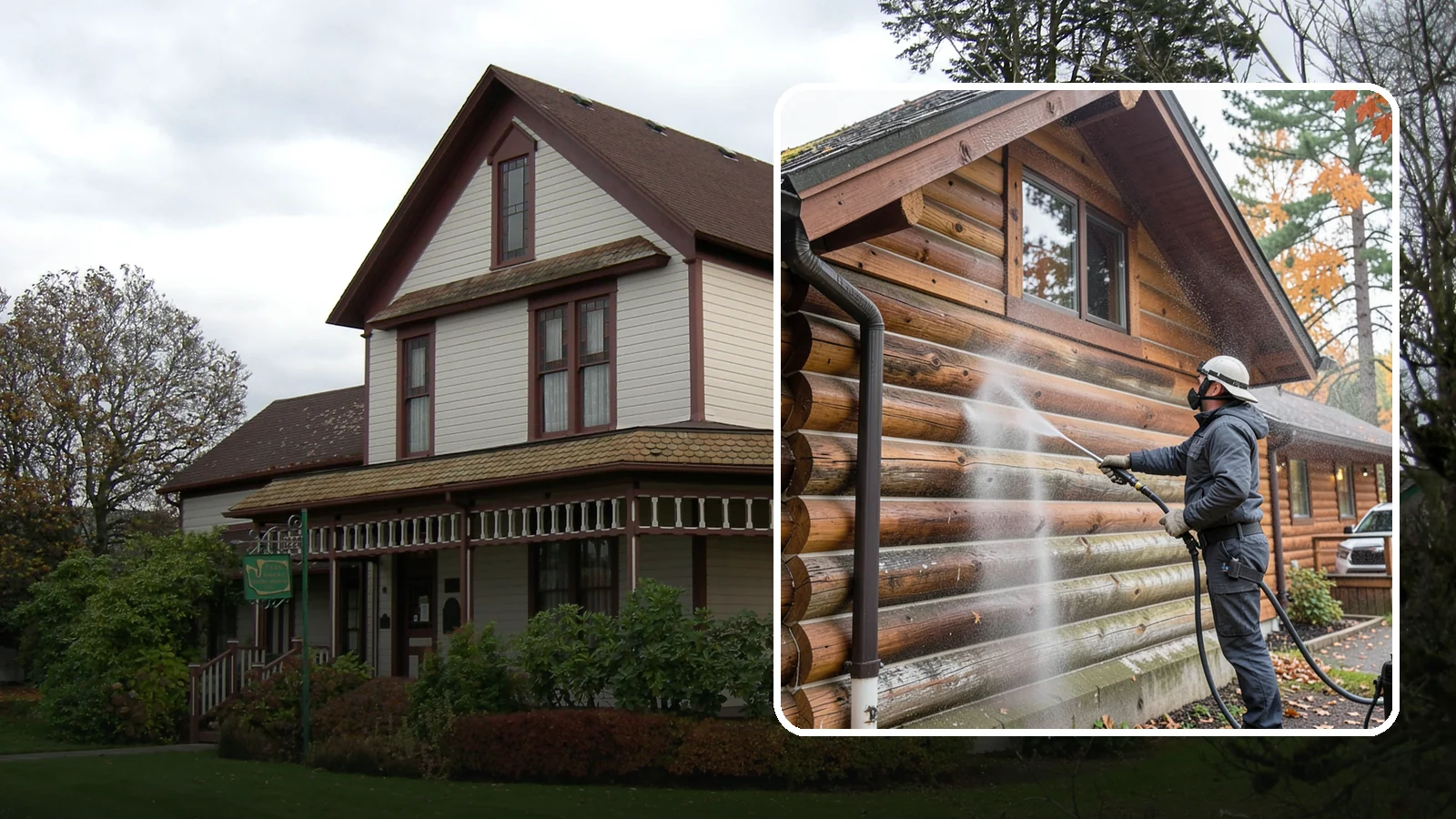 Log Home Washing in Sumner, Pierce County, WA - Log home washing clears mildew, pollen, and gray weathering from logs while protecting the checking and joints unique to log...