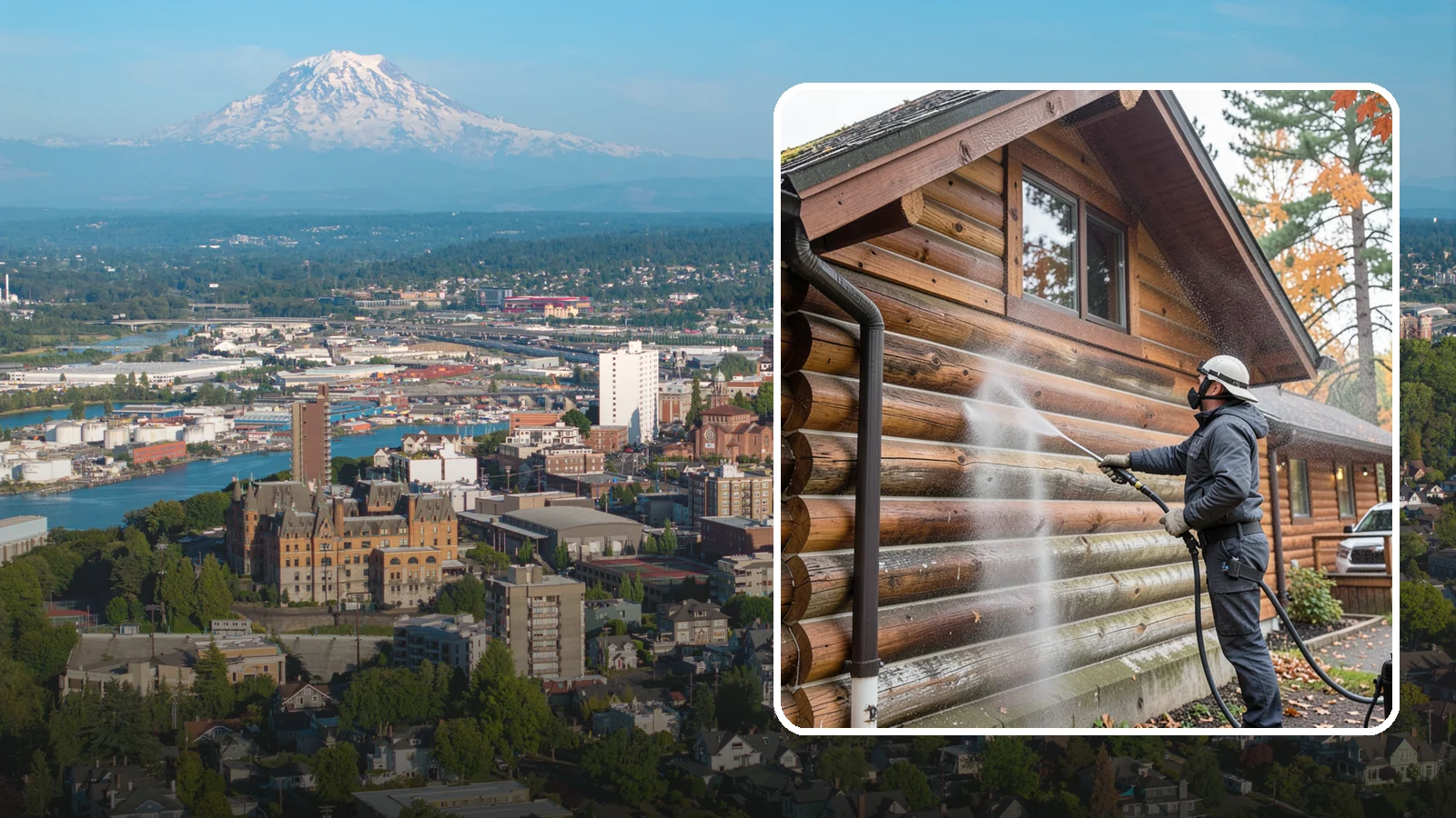 Log Home Washing in Tacoma, Pierce County, WA - Log home washing clears mildew, pollen, and gray weathering from logs while protecting the checking and joints unique to log...