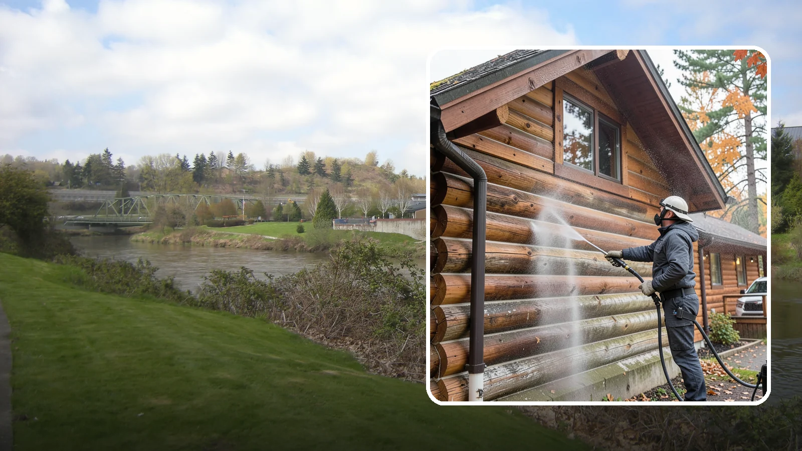 Log Home Washing in Tukwila, King County, WA - Log home washing clears mildew, pollen, and gray weathering from logs while protecting the checking and joints unique to log...